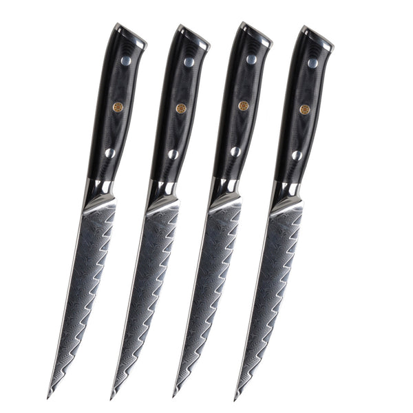 Damascus Steak Knife Set of 4, Black G10 Handle